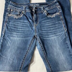 Grace In L.A. Womens Embellished Bootcut Jeans Size 28 Blue Denim With Decorativ
